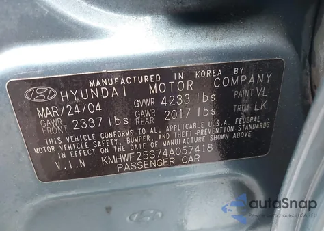 2004 Hyundai Sonata из США, поврежденный, VIN KMHWF25S74A057418